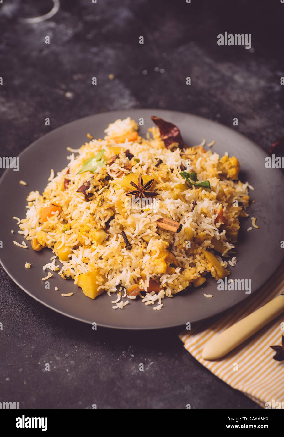 Biryani rice (Vegetable biryani). Indian basmati rice, curry vegetables