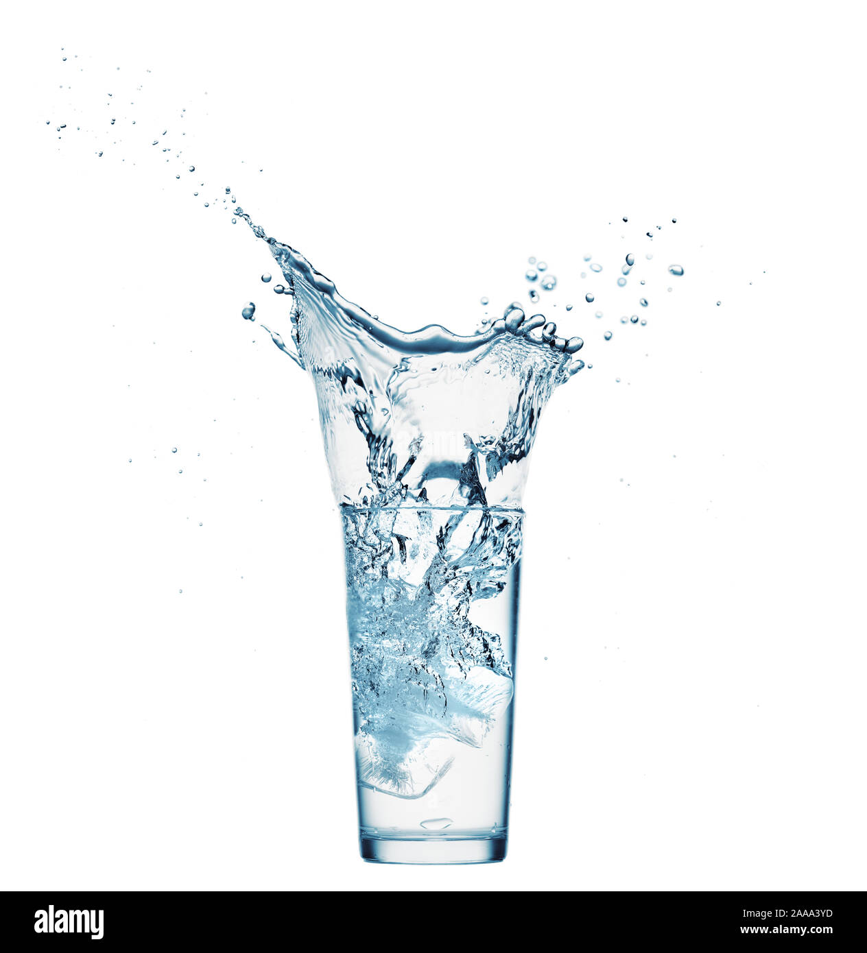 one glass of water with splash from falling ice cube, white background ...