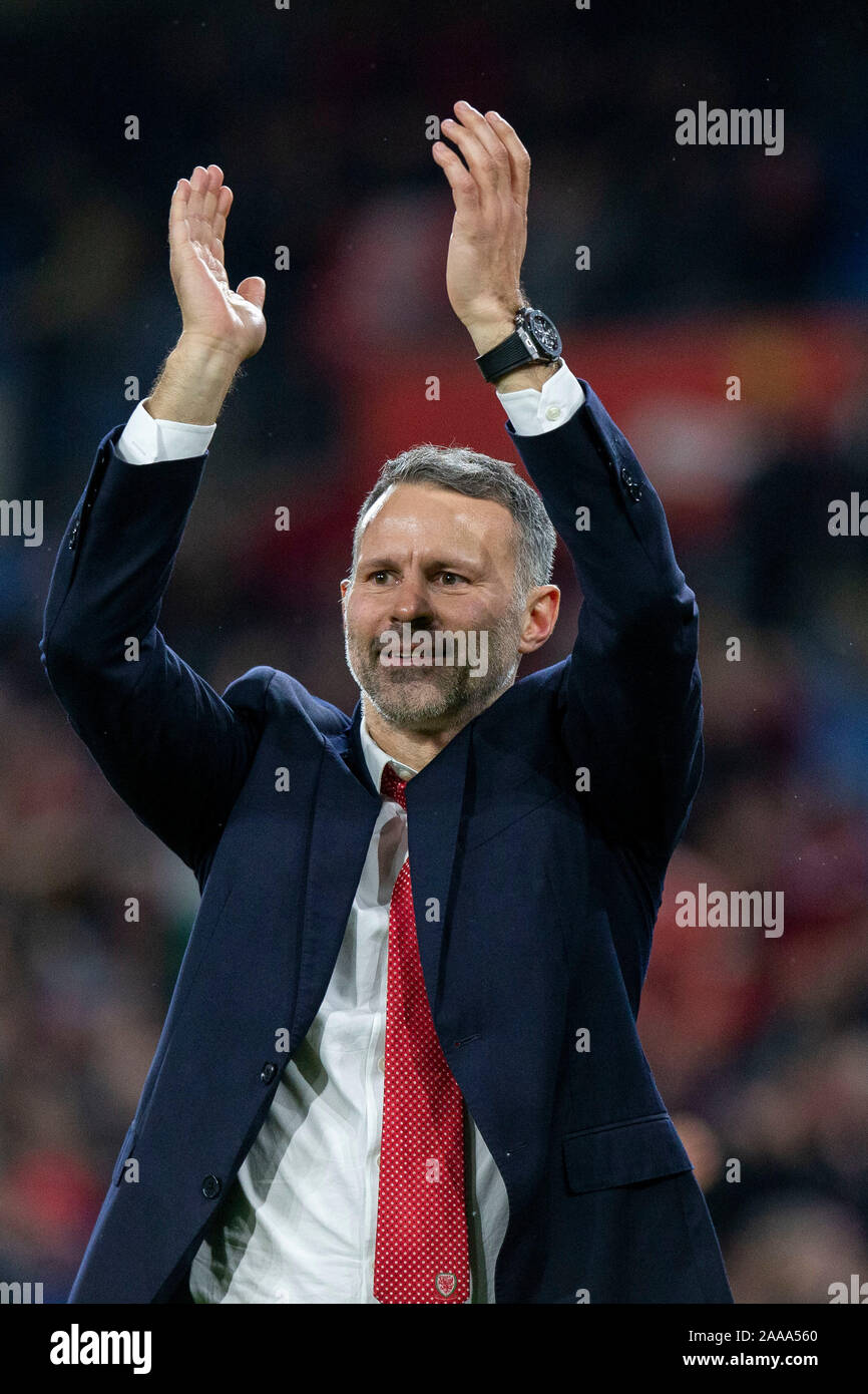 Wales head coach Ryan Giggs celebrates qualification with the fans after the UEFA Euro 2020 qualification match between Wales and Hungary, November 20 Stock Photo
