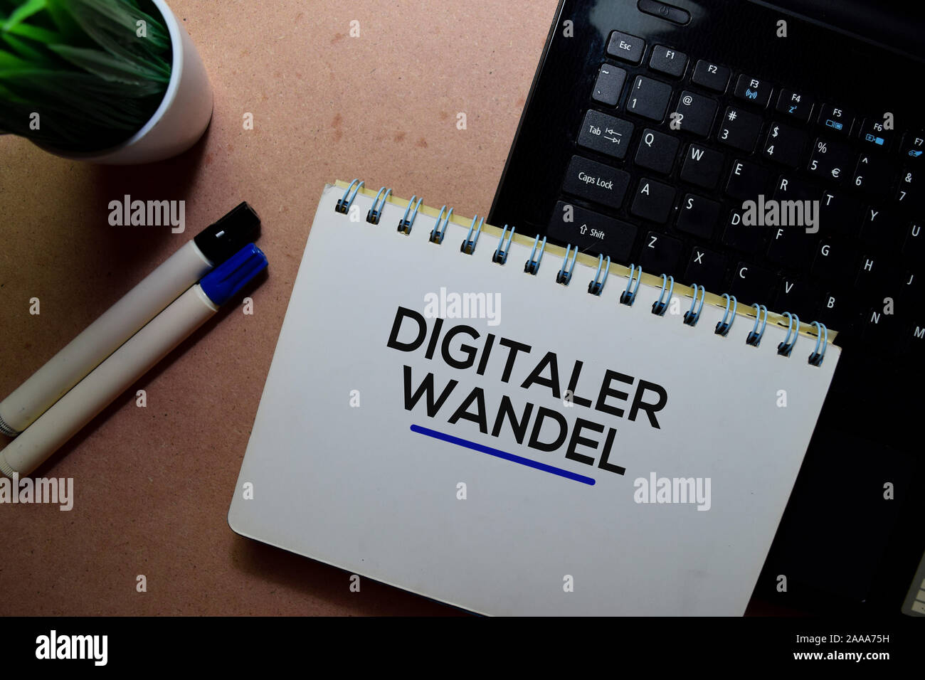 Digitaler Wandel write on a book and laptop. Isolated on wooden table Stock Photo
