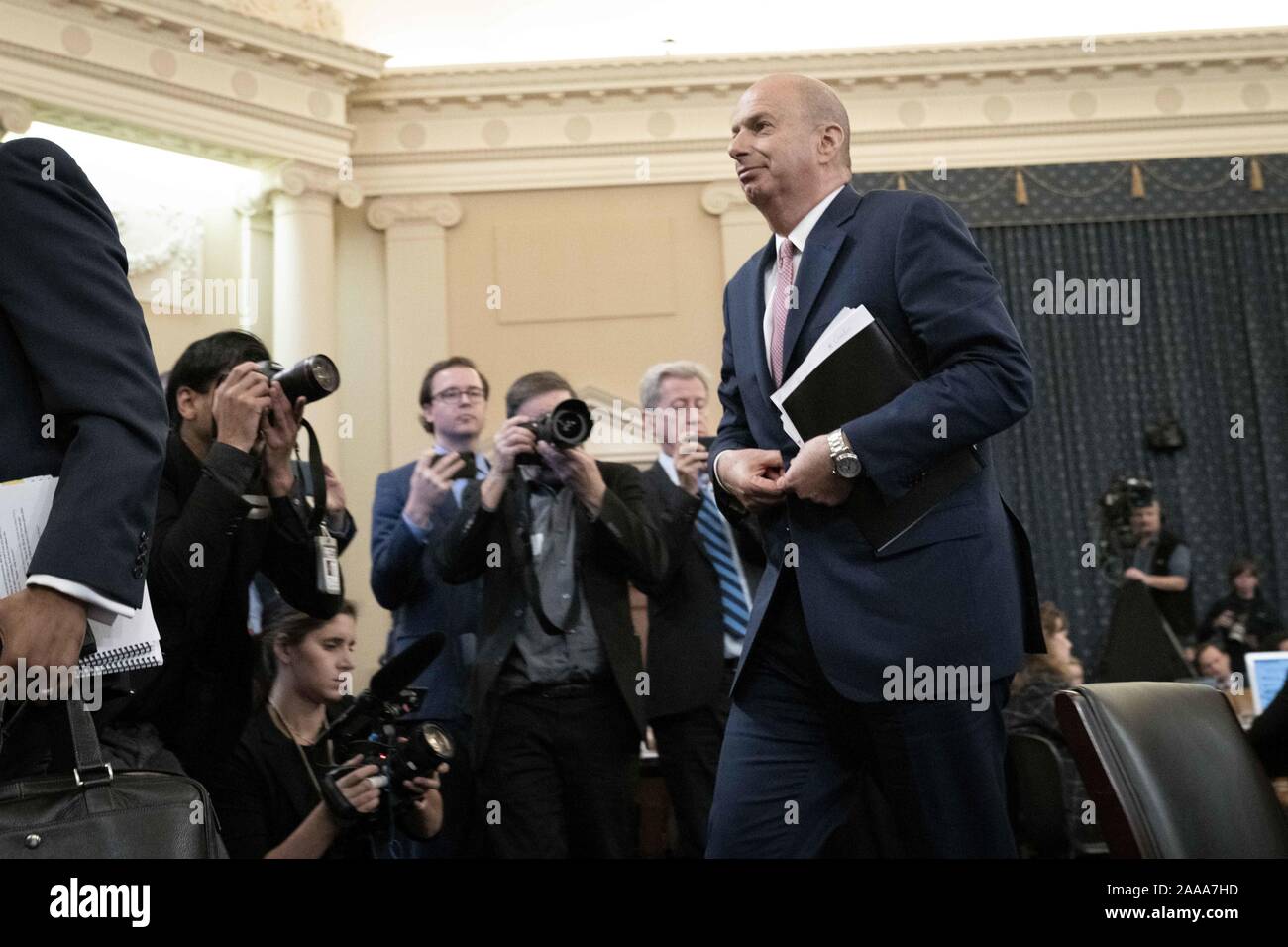 Washington, District of Columbia, USA. 20th Nov, 2019. United States' Ambassador to the European Union GORDON SONDLAND leaves the hearing room after testifying before the House Intelligence Committee on the third day of open testimony regarding the impeachment inquiry into President Donald Trump's efforts to withhold military aid from Ukraine until they provided damaging statements against his political rival, Joe Biden. November 20, 2019 Credit: Douglas Christian/ZUMA Wire/Alamy Live News Stock Photo