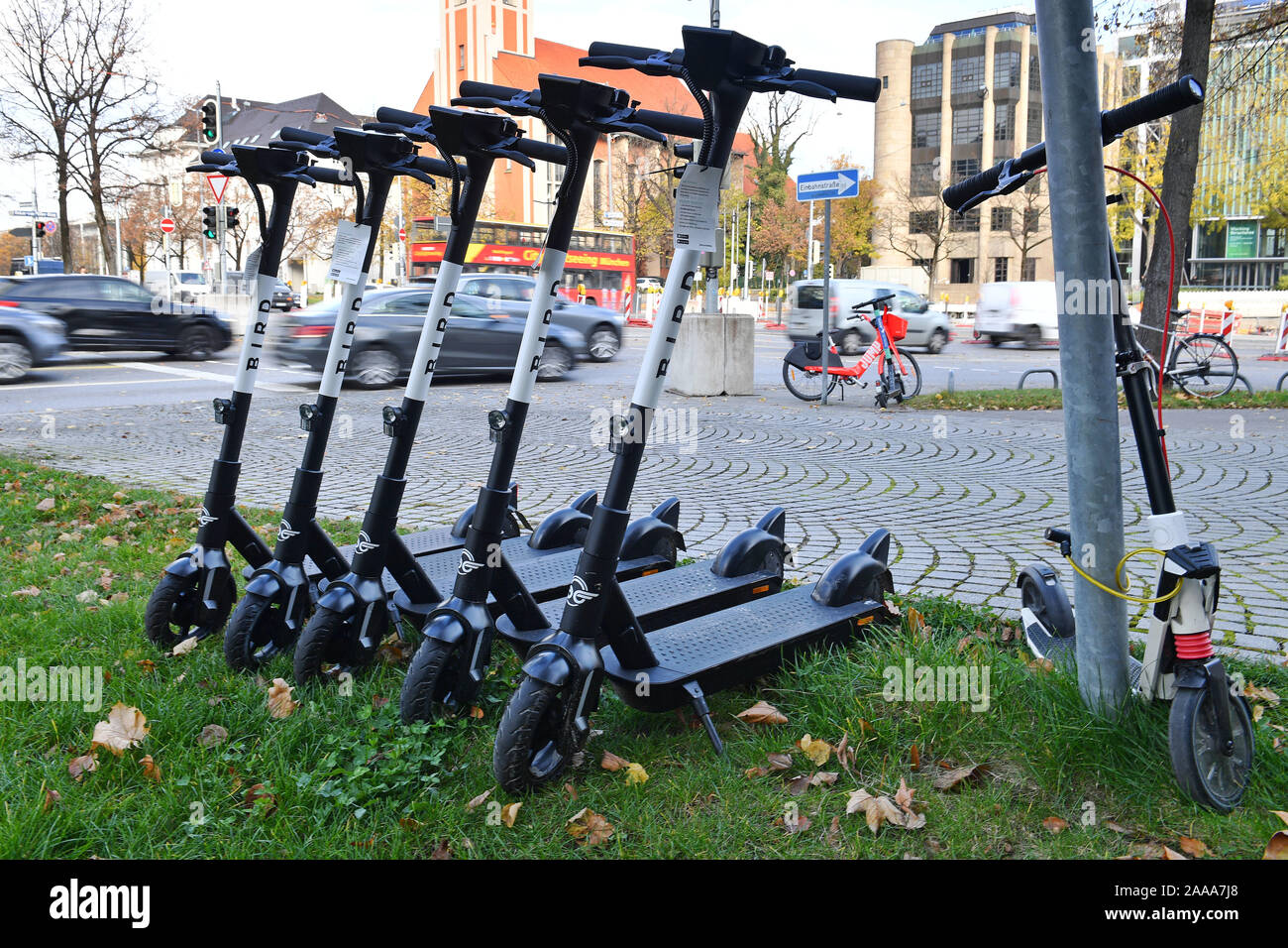 Munich, Deutschland. 19th Nov, 2019. Bird is a scooter rental company based  in Santa Monica, California. It rents electric scooters in several cities  in North America and Europe. E-scooters are arranged side