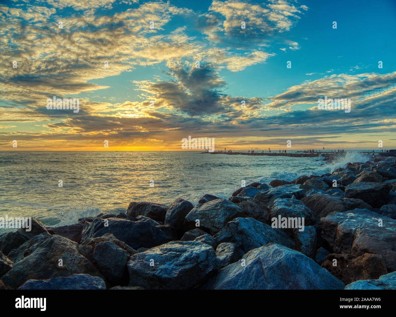 Sunset over Gulf of Mexico at the South Jetty in Venice Florida Stock Photo