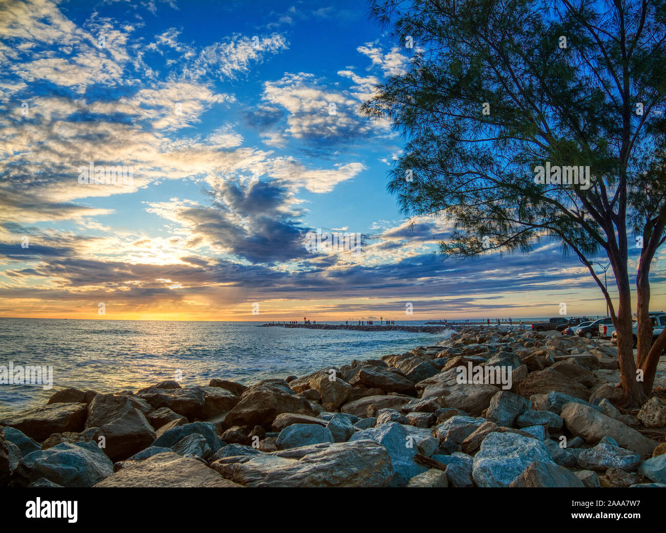 Sunset over Gulf of Mexico at the South Jetty in Venice Florida Stock Photo