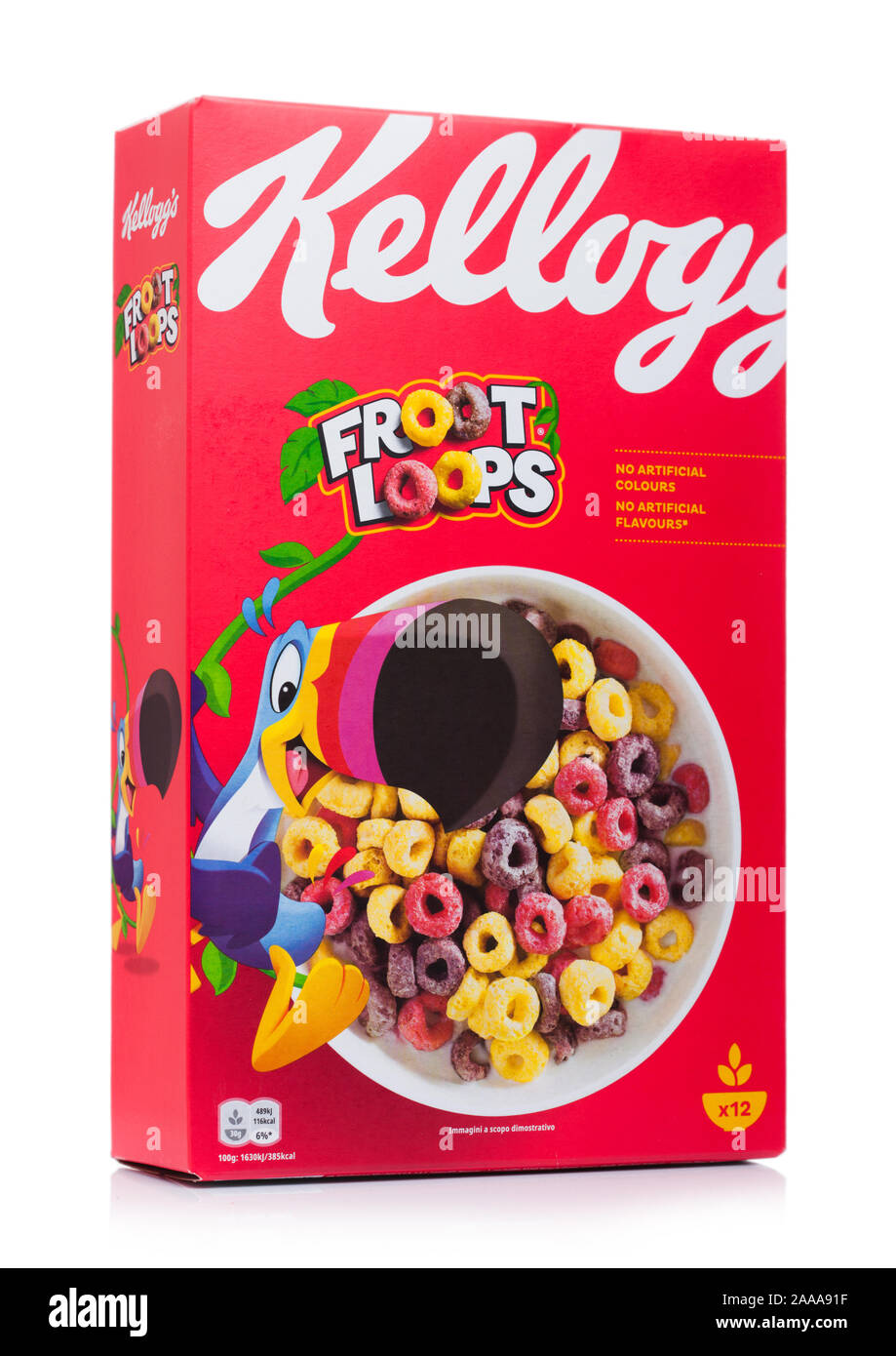 LONDON, UK - NOVEMBER 10, 2019: Box of Kellogg's Fruit Loops Cereal on white. Stock Photo