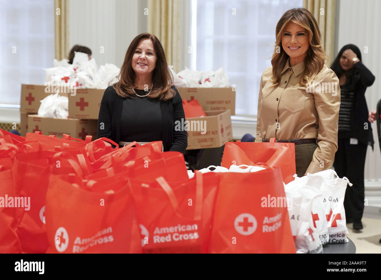 Washington, United States. 20th Nov, 2019. First Lady Melania Trump and Second Lady Karen Pence help pack comfort bags at the The Red Cross - Blood Donation Center to help support US troops on November 20, 2019 in Washington, DC. The comfort packs will be sent to more than one hundred military installations around the world including Djibouti, Iraq, Kuwait, and Poland. Photo by Leigh Vogel/UPI Credit: UPI/Alamy Live News Stock Photo