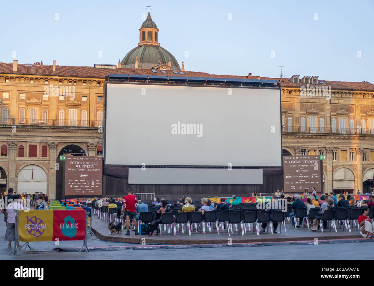 Bologna, Italy - August 8, 2019: Outdoor summer cinema in the city square, piazza del nettuno Stock Photo