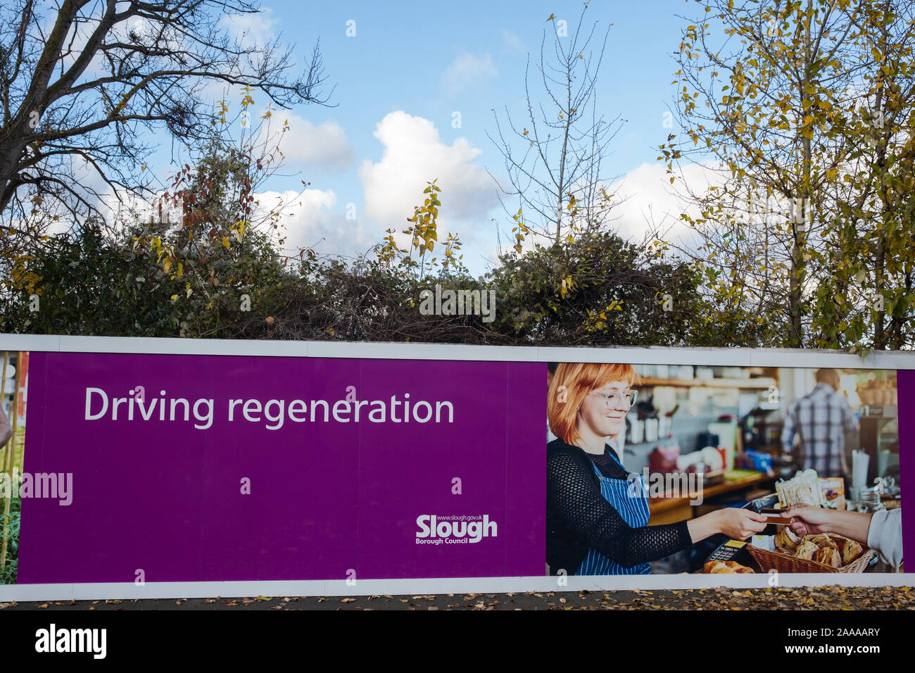Slough, UK. 18 November, 2019. Hoardings designed for Slough Borough