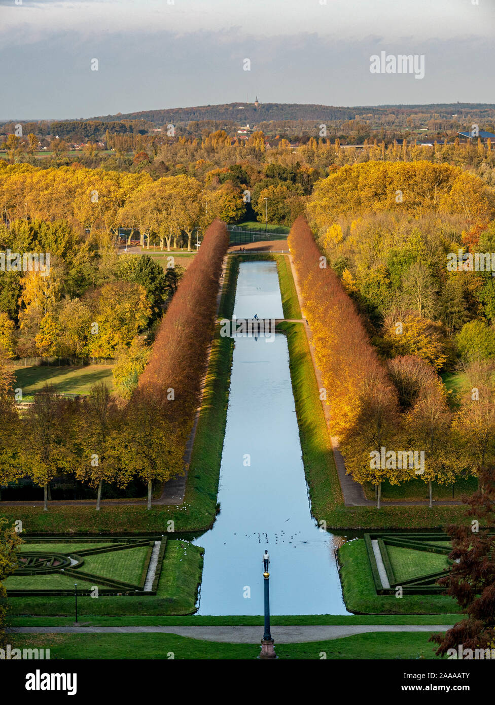 Elevated view with awesome autumn colors in a a nice park with straight channel Stock Photo