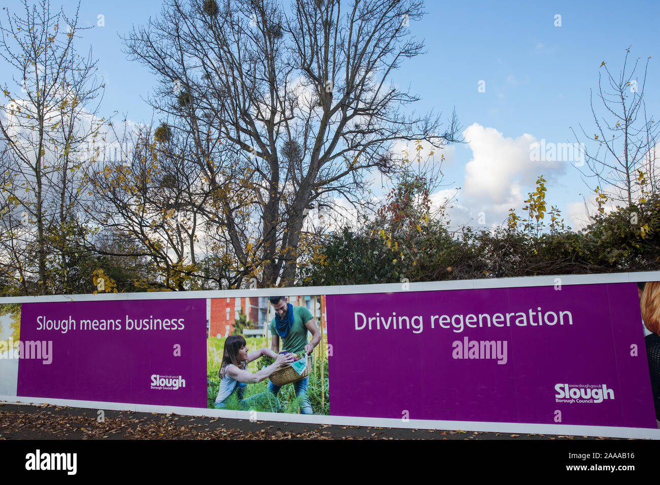 Slough, UK. 18 November, 2019. Hoardings designed for Slough Borough