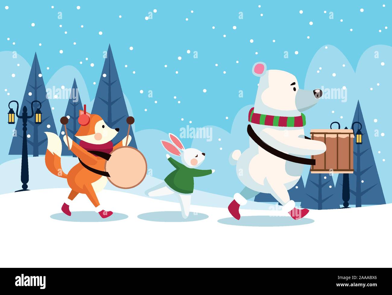 merry christmas card with animals playing instruments Stock Vector