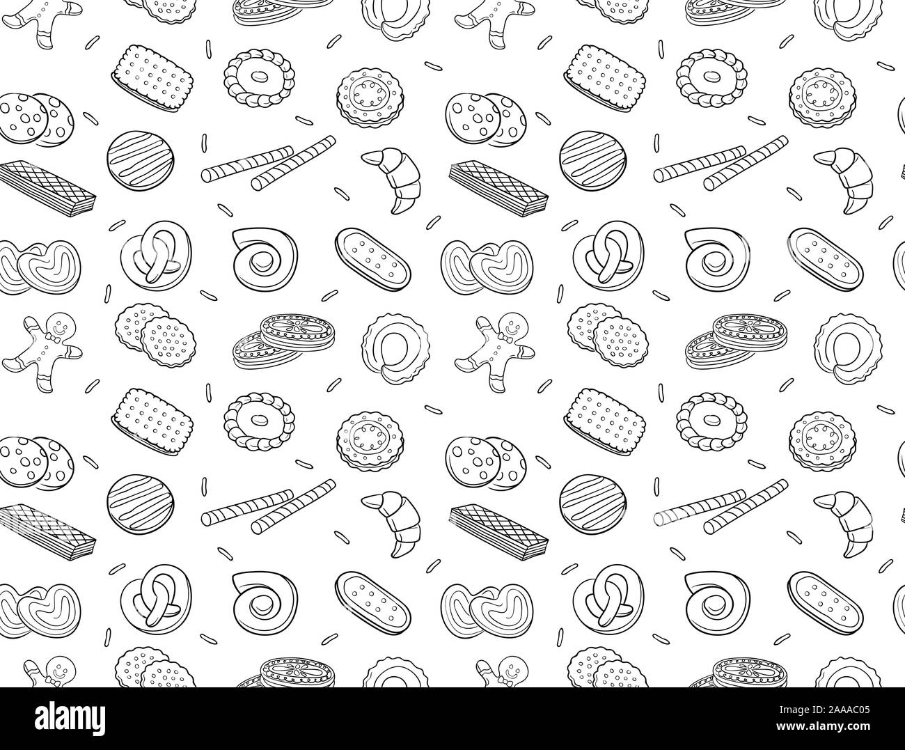 Seamless pattern of doodle cookies and biscuit in black outline