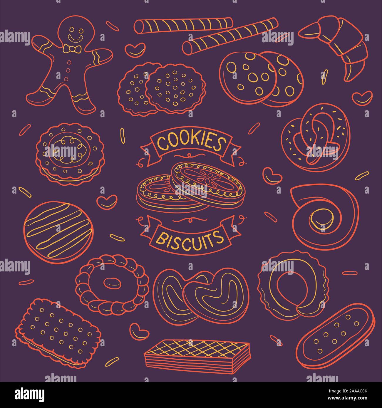 Set of doodle cookies and biscuit in neon color isolated over dark