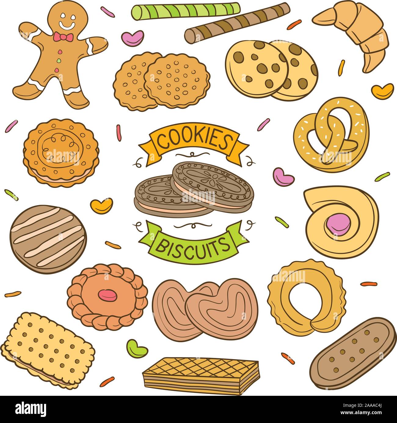 Set of colored hand drawn cookies and biscuit isolated in white
