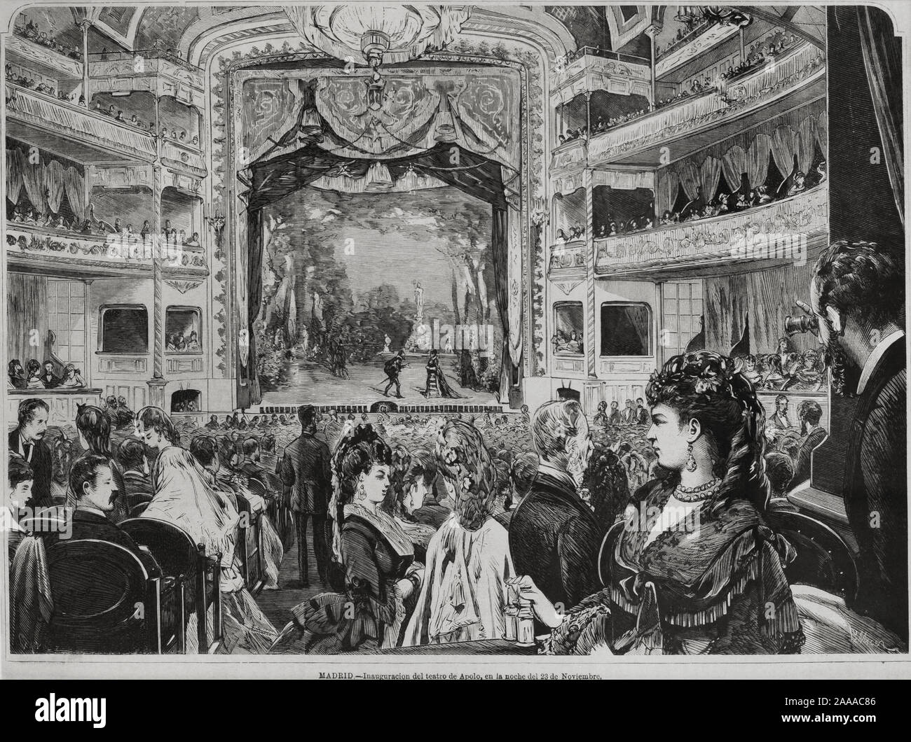 Spain, Madrid. Inauguration of the Apolo Theater on the night of November 23, 1873. Woodcut on paper. Tomas Carlos Capuz (1834-1899) and Jose Luis Pellicer (1842-1901). Stock Photo
