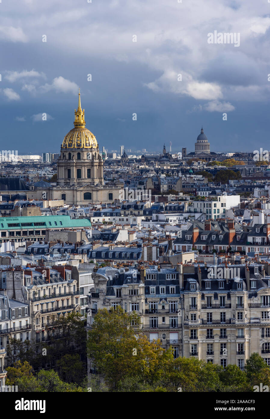 Two domes in Paris. Covered in gold belongs to Army Museum. In distance is Pantheon Stock Photo