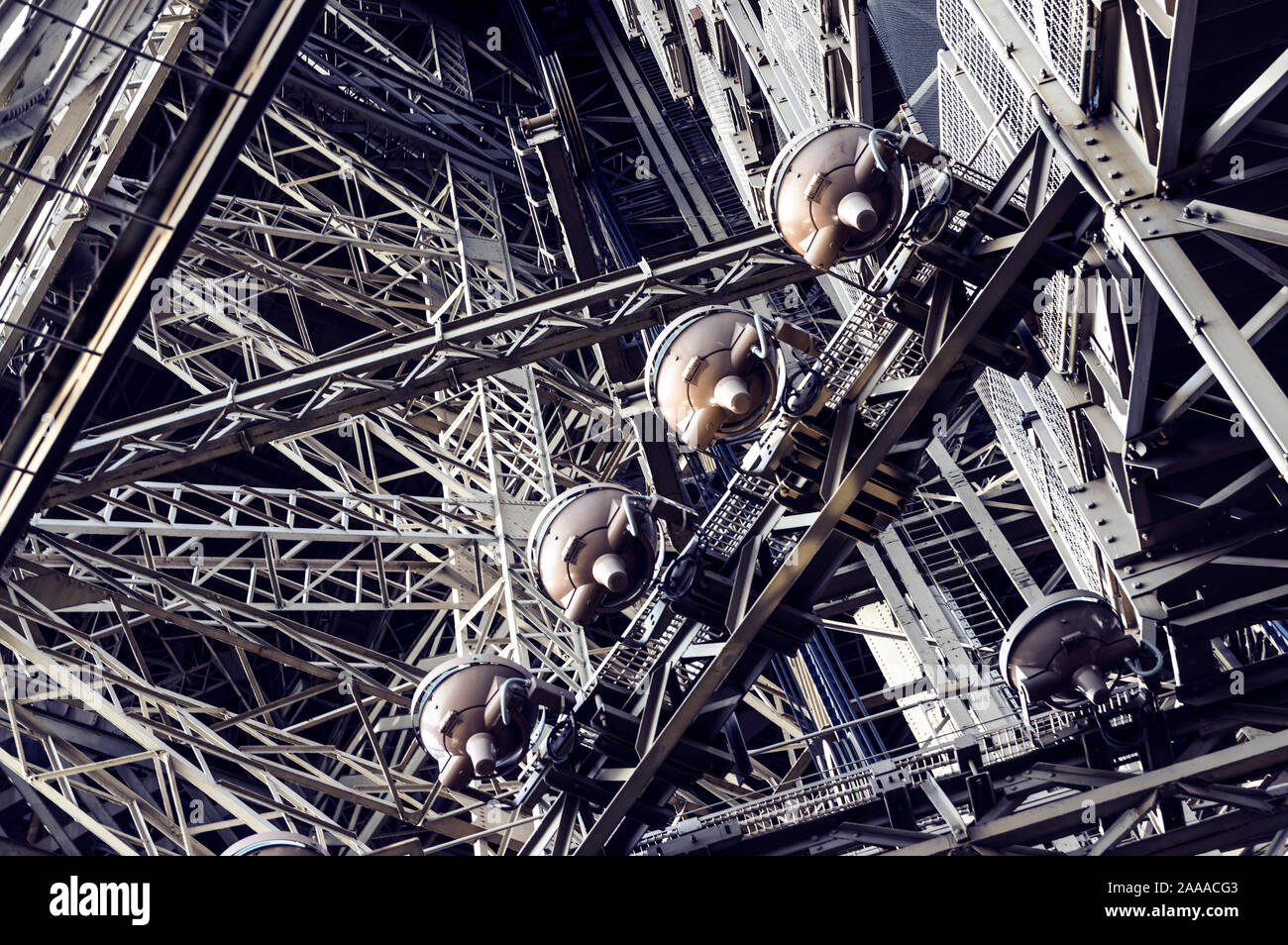 Close up on Eiffel Tower structure. Low angle shot on one of its legs Stock Photo