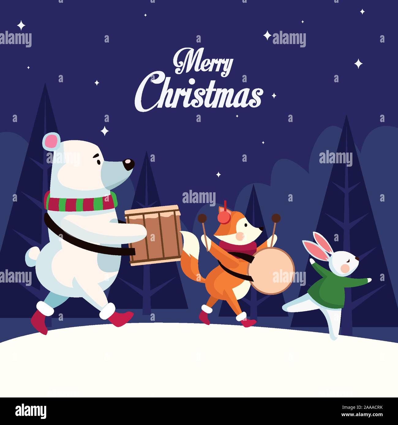 merry christmas card with animals playing instruments Stock Vector