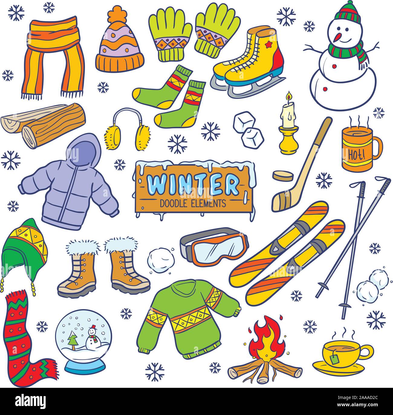 Winter season doodle and hand drawn elements in color isolated ...