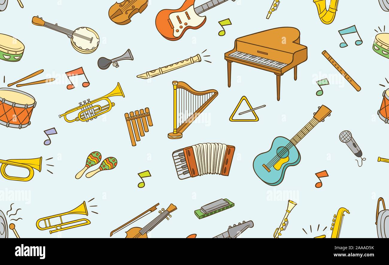 Seamless pattern of  musical instrument element in color isolated over light background Stock Vector