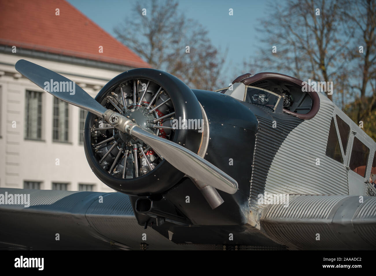 Old German passenger airplane with single propeller engine Stock Photo