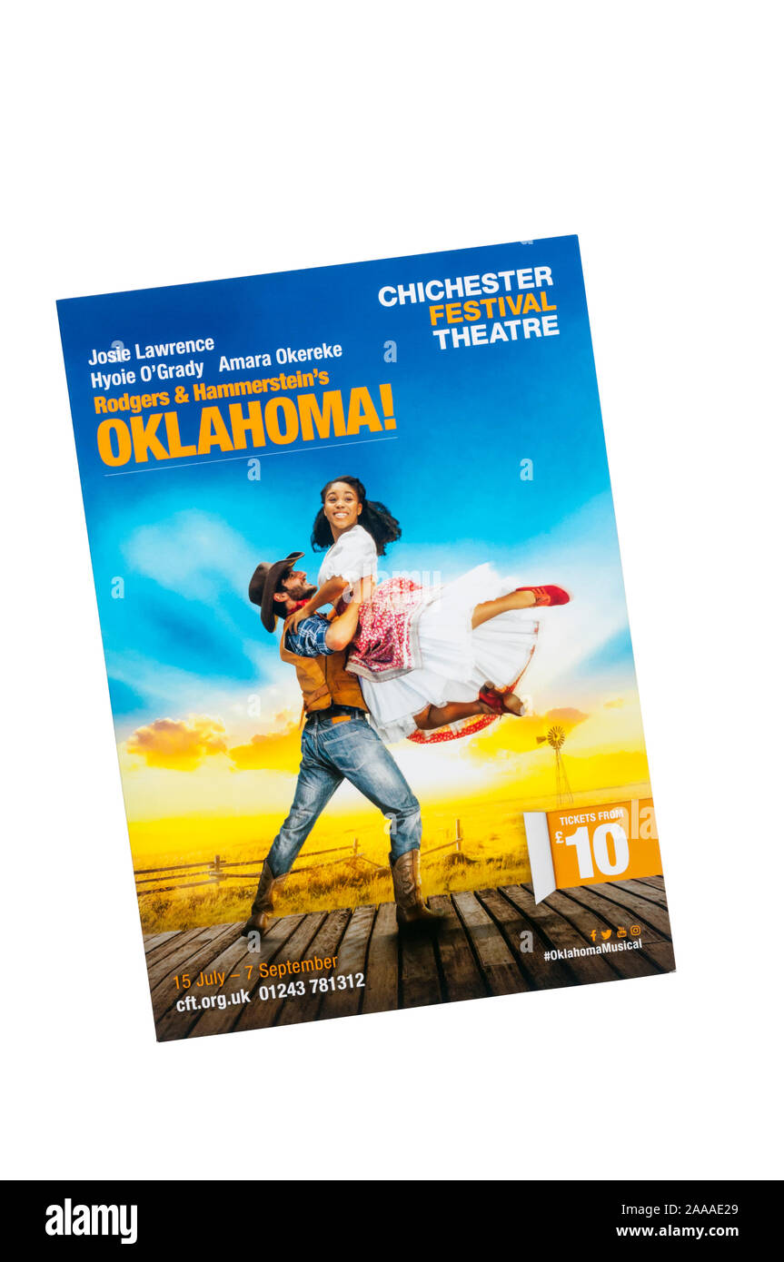 Promotional flyer for 2019 Chichester Festival Theatre production of Oklahoma! by Rodgers & Hammerstein. Stock Photo