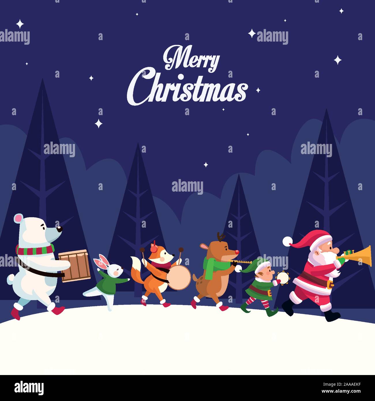 merry christmas card with characters playing instruments Stock Vector