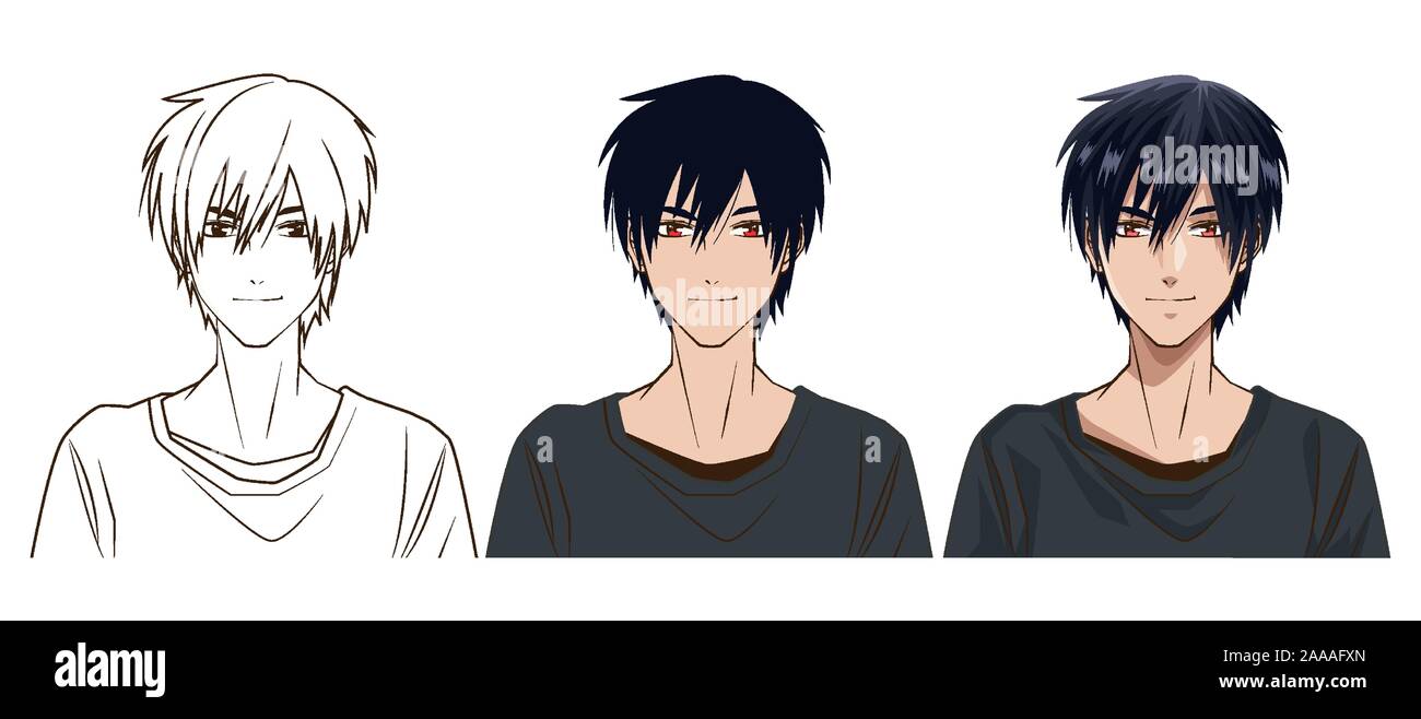 Drawing Process Of Young Man Anime Style Character Stock