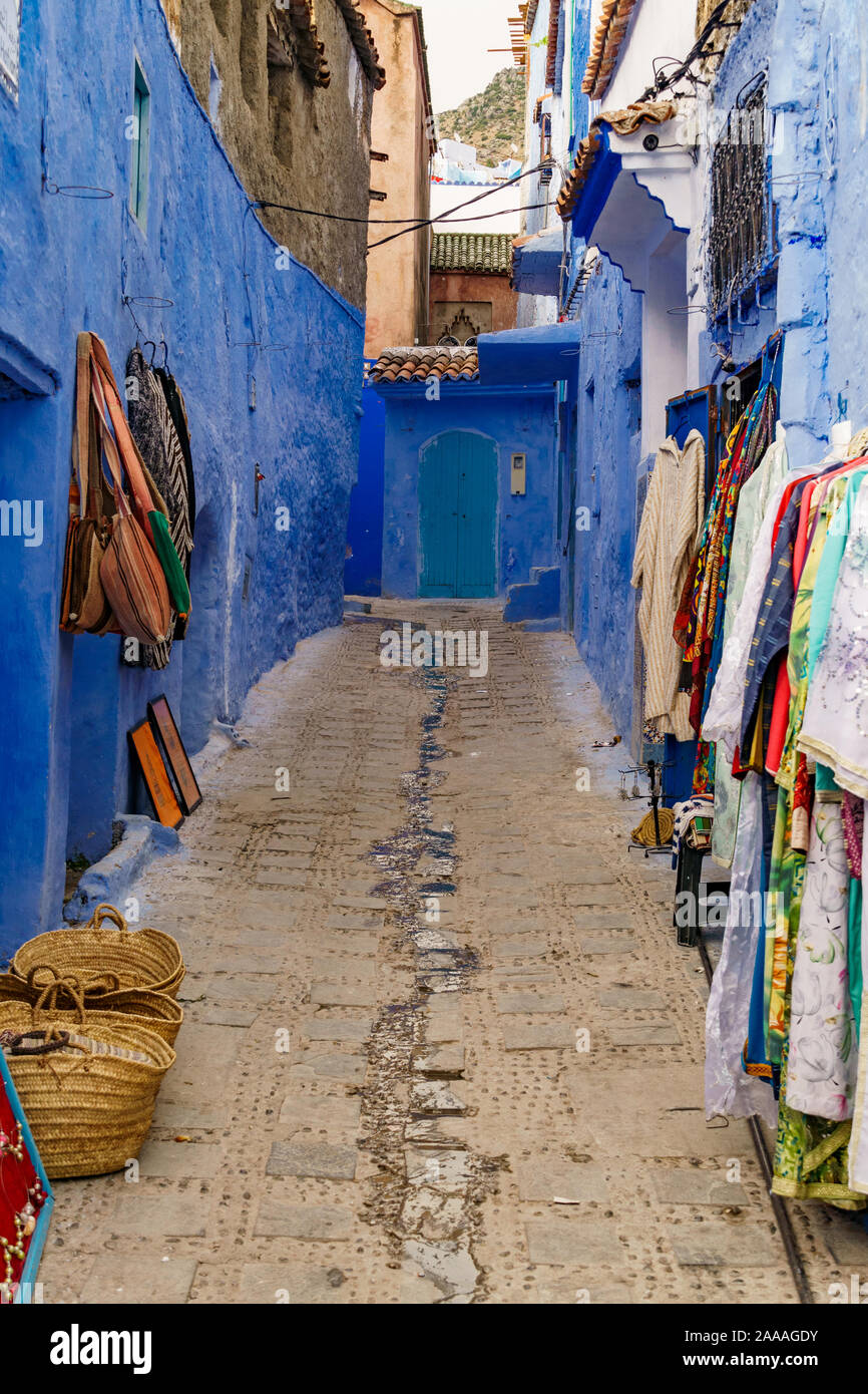 Streets and Facades of the blue houses in Chefchaouen, Morocco Stock Photo