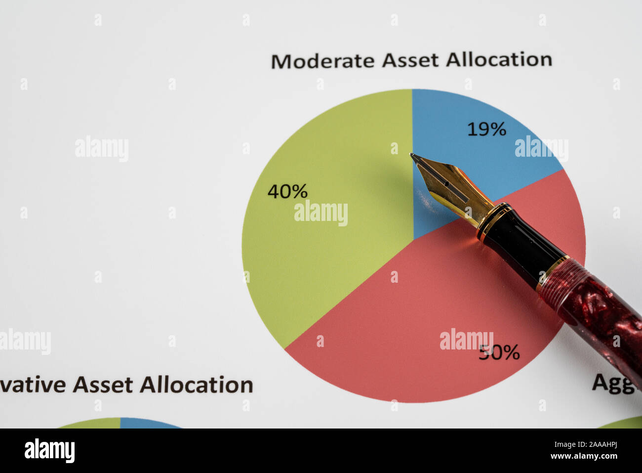 Expensive gold fountain pen pointing to moderate asset allocation pie chart on desk Stock Photo