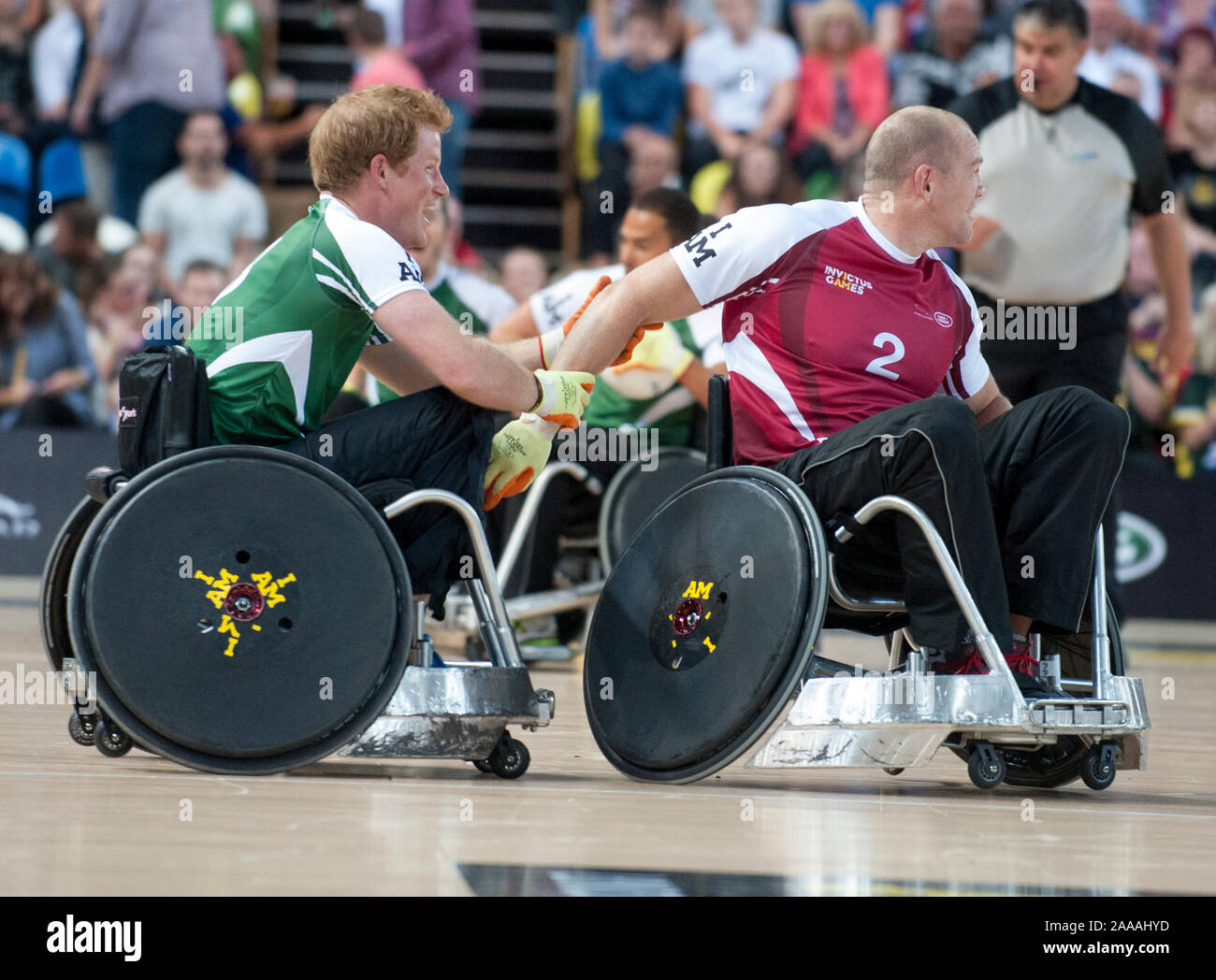 Prince Harry with Mike and Zara Tindall competing in a celebrity wheelchair rugby game at the