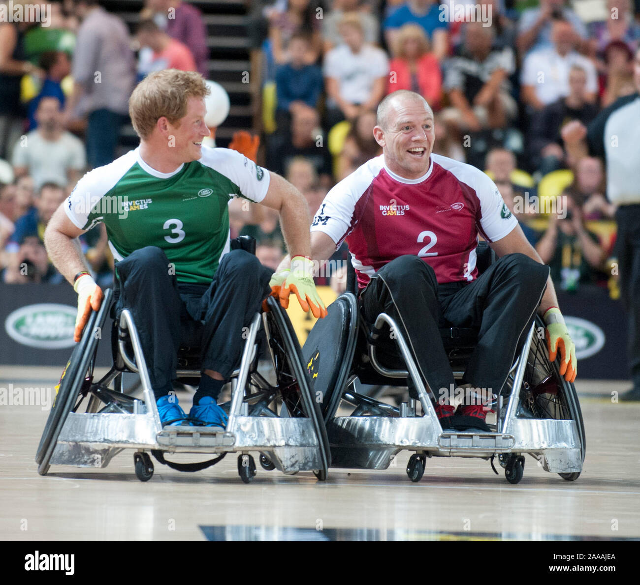 Prince Harry with Mike and Zara Tindall competing in a celebrity wheelchair  rugby game at the Invictus games at Lee Valley Park in London Stock Photo -  Alamy