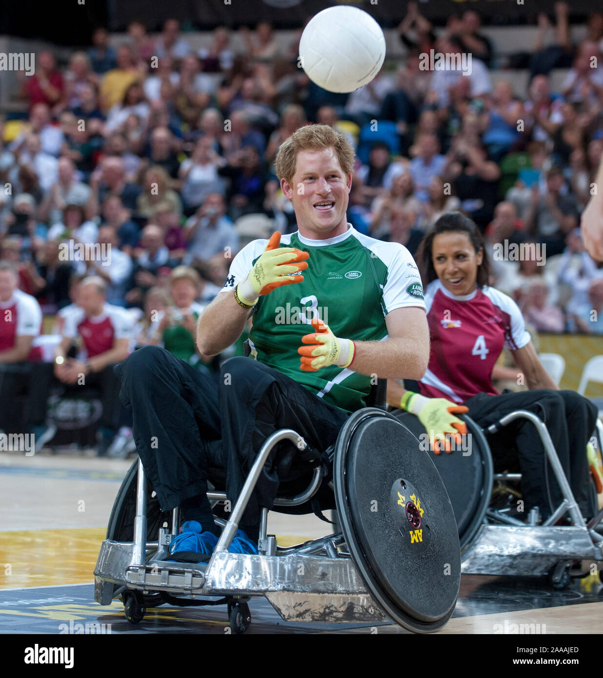 Prince Harry competing in a celebrity wheelchair rugby game at the