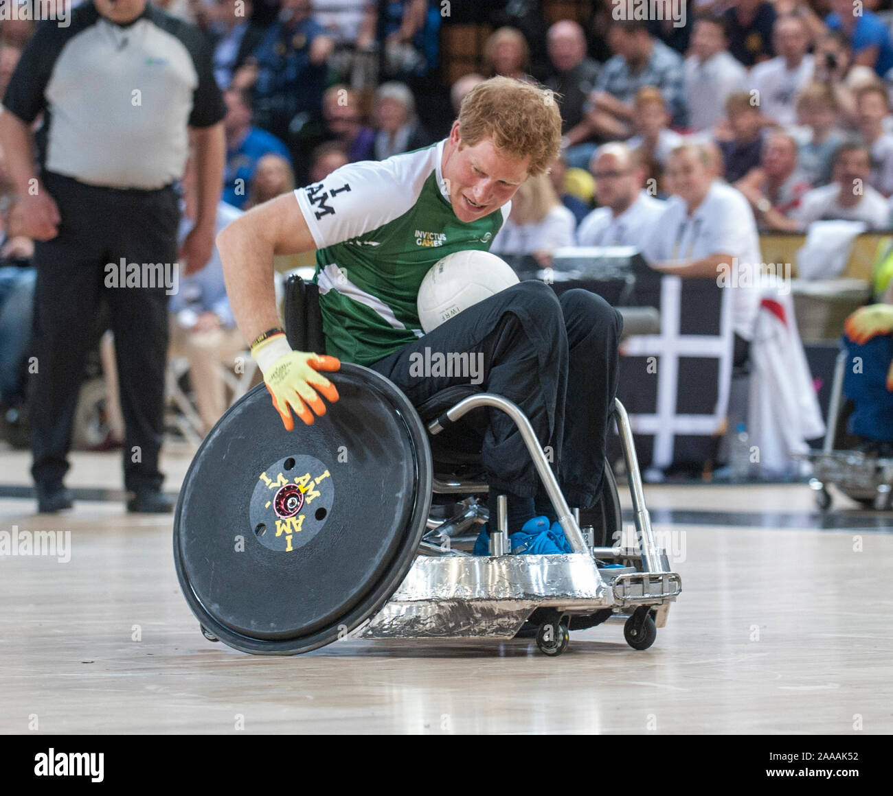 Prince Harry competing in a celebrity wheelchair rugby game at the
