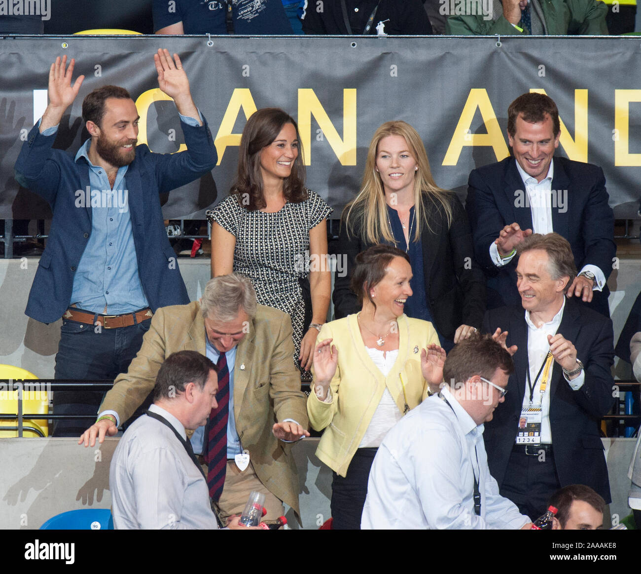 James and Pippa Middleton with Peter and Autumn Phillips watching Prince Harry, Zara and Mike Tindall compete in a celebrity wheelchair rugby game at the Invictus games in London. September 2014 Stock Photo