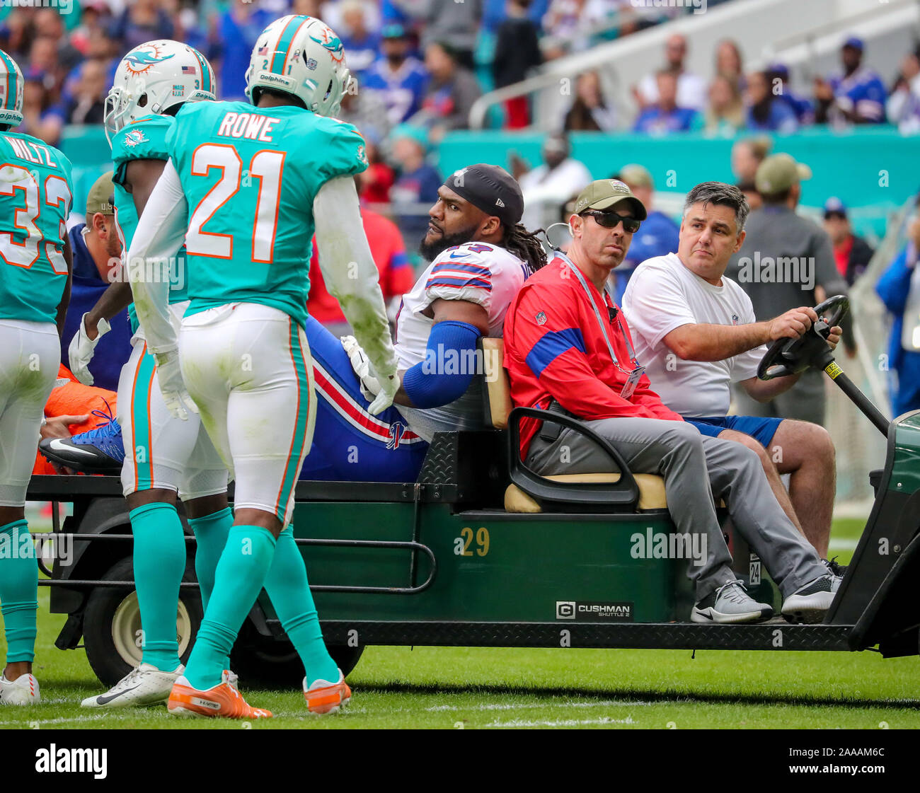 Miami Gardens, Florida, USA. 17th Nov, 2019. Buffalo Bills offensive tackle  Ty Nsekhe (77) is taken off the field during the third quarter, due to an  unknown injury, during an NFL football