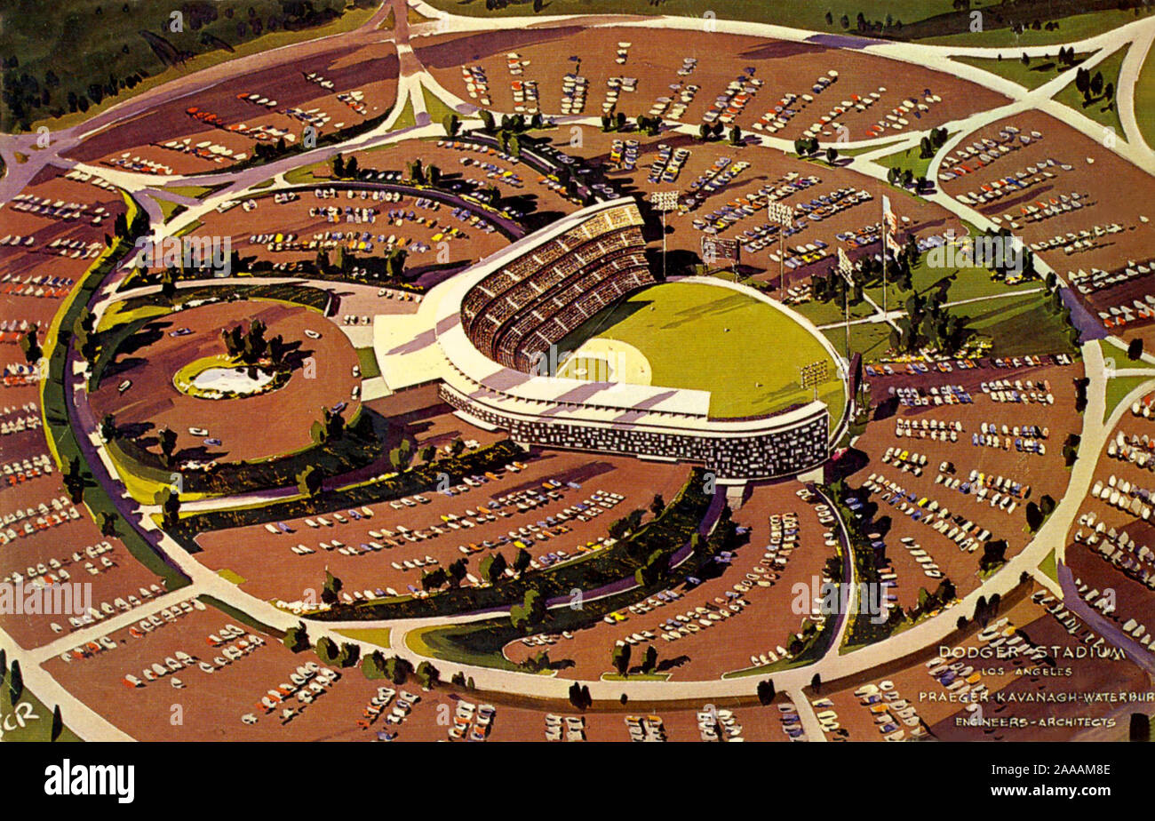 Aerial view of Dodger Stadium in 1960s era architectural rendering showing what the stadium might look like. Dodger Stadium opened in 1962 for the Los Angeles Dodgers Major League Baseball season. The dodgers had relocated to L.A. from Brooklyn in 1958 and played their first few seasons at the Memorial Coliseum before construction was complete. Stock Photo