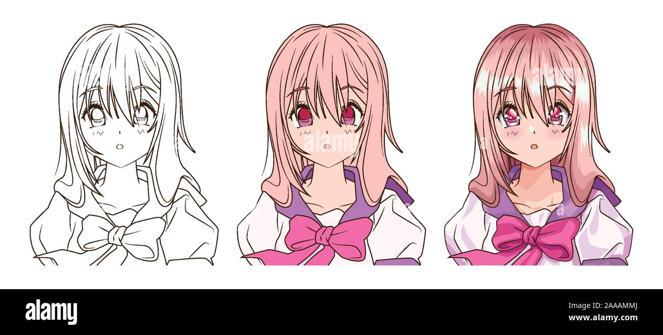 drawing process of young woman anime style character Stock Vector Image