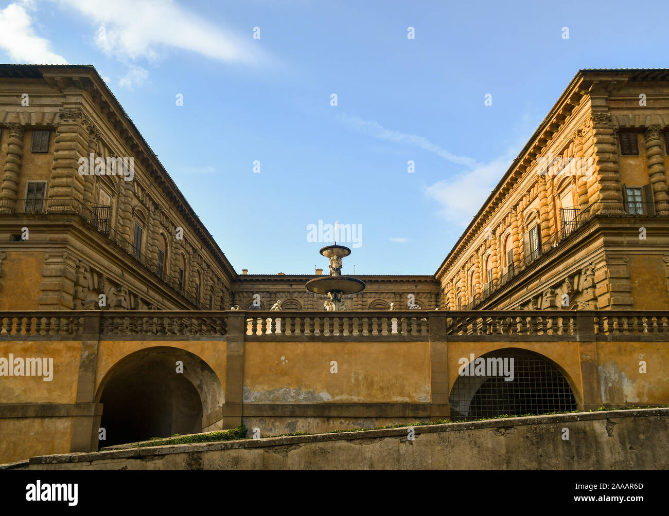 Palazzo Pitti from the Boboli Gardens with the Artichoke Fountain in the historic centre of Florence, Unesco World Heritage Site, Tuscany, Italy Stock Photo