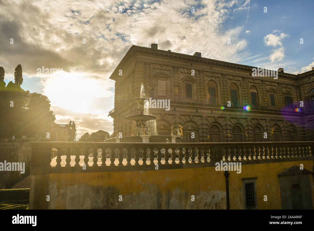 Backlight view of the Boboli Gardens of Palazzo Pitti in the historic centre of Florence, Unesco Site, with the Artichoke Fountain, Tuscany, Italy Stock Photo