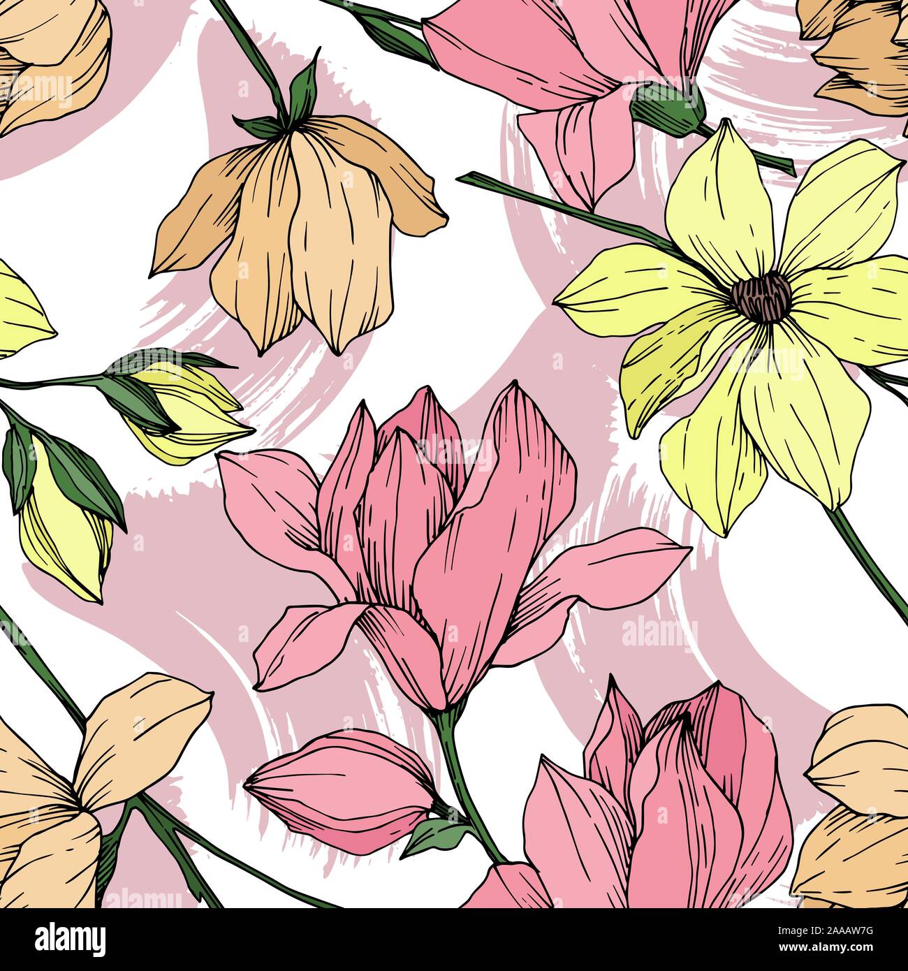 Vector Magnolia floral botanical flowers. Black and white engraved ink art. Seamless background