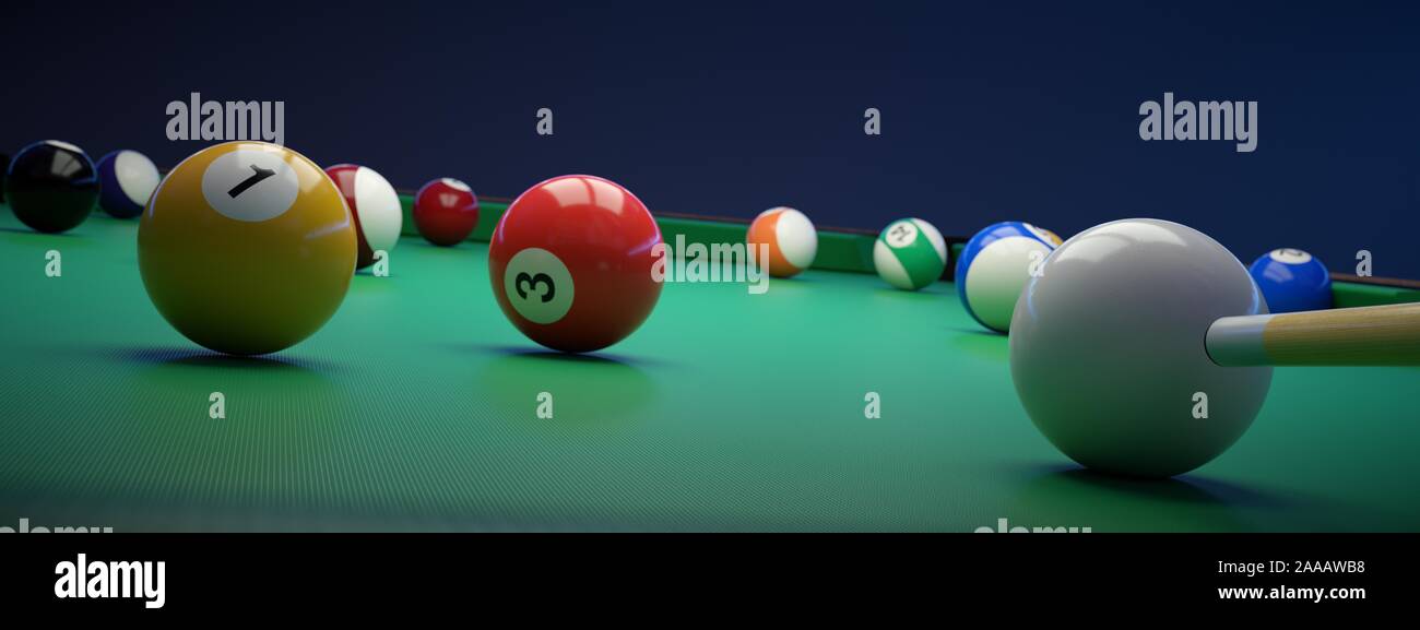 Billiard banner with balls on the play field. Stock Photo