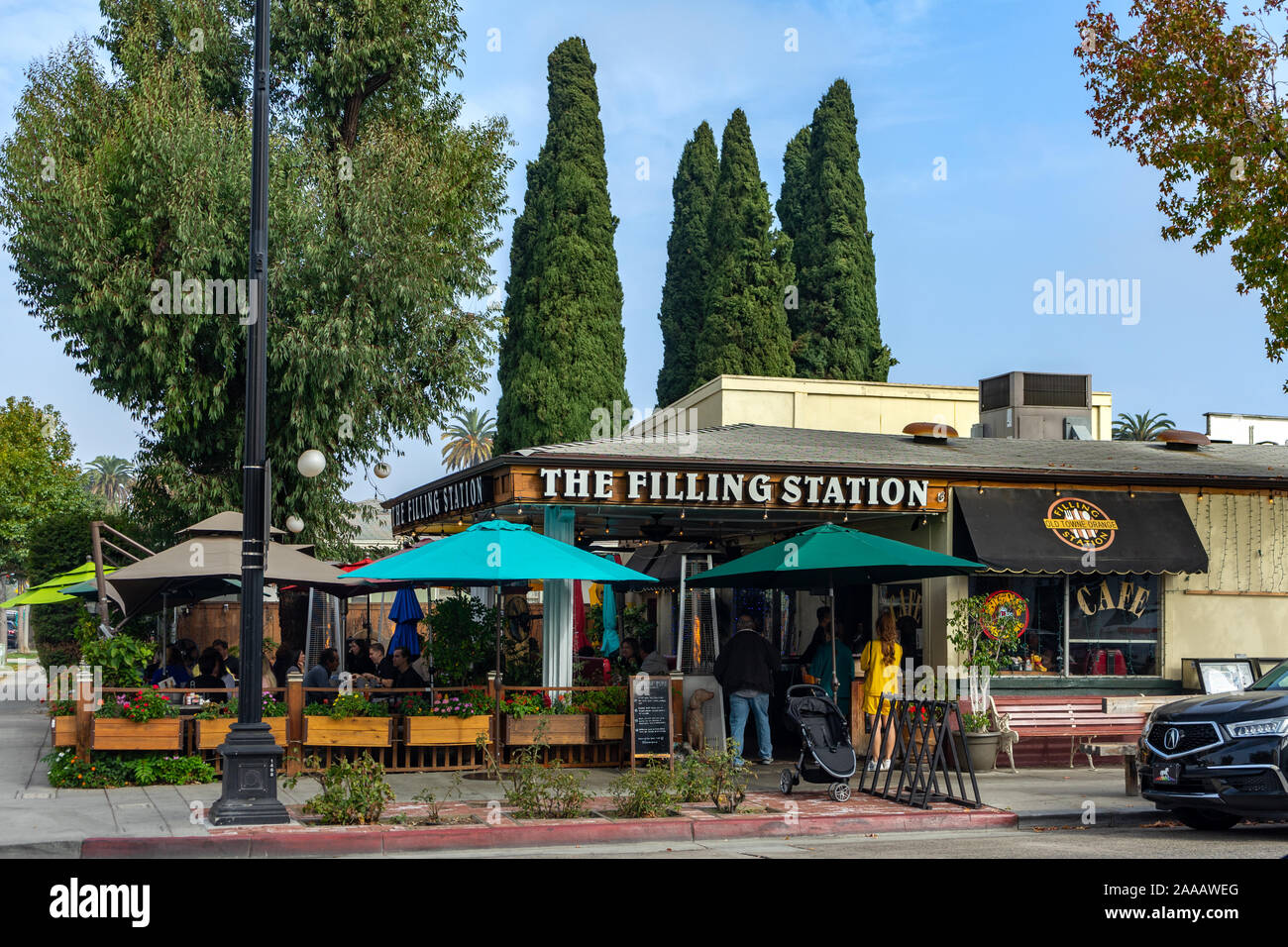 Orange, CA / USA - November 14, 2019: The Filling Station restaurant offers outdoor seating and is located in the old town area in The City of Orange, Stock Photo