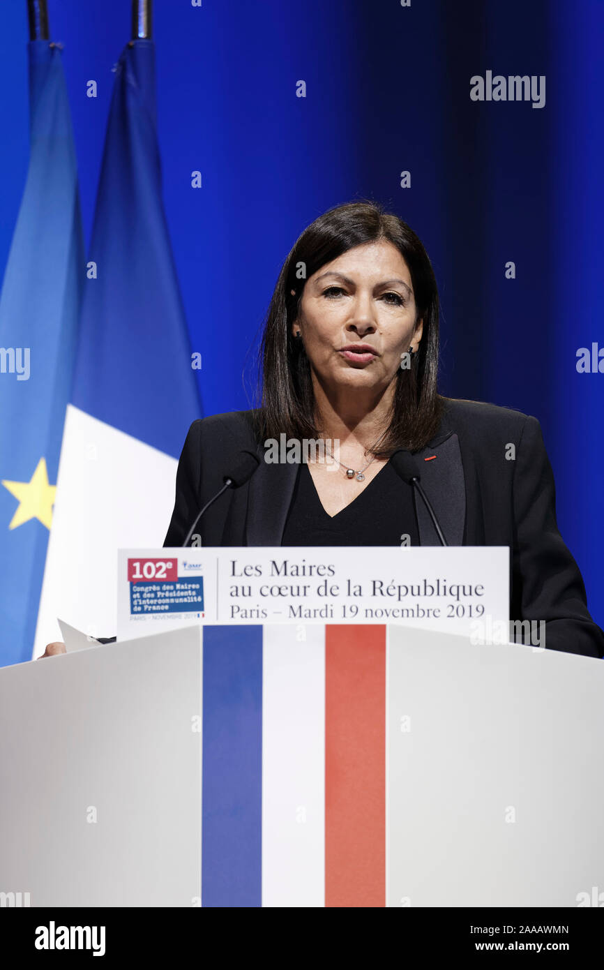 Paris, France. 19th Nov, 2019. Anne Hidalgo speaks during the 102nd Congress of the Association of Mayors of France on November 19, 2019 in Paris. Stock Photo