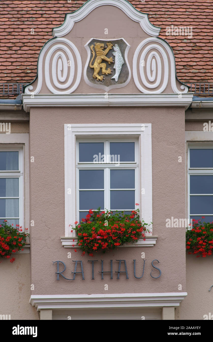 The close-up of a gable window of the town hall in Waldfischbach. Stock Photo