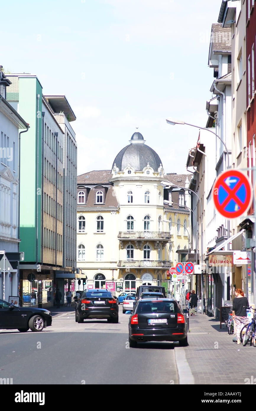 Giessen, Germany - August 13, 2019: traffic in the city center of Giessen with department stores and commercial buildings on August 13, 2019 in Giesse Stock Photo