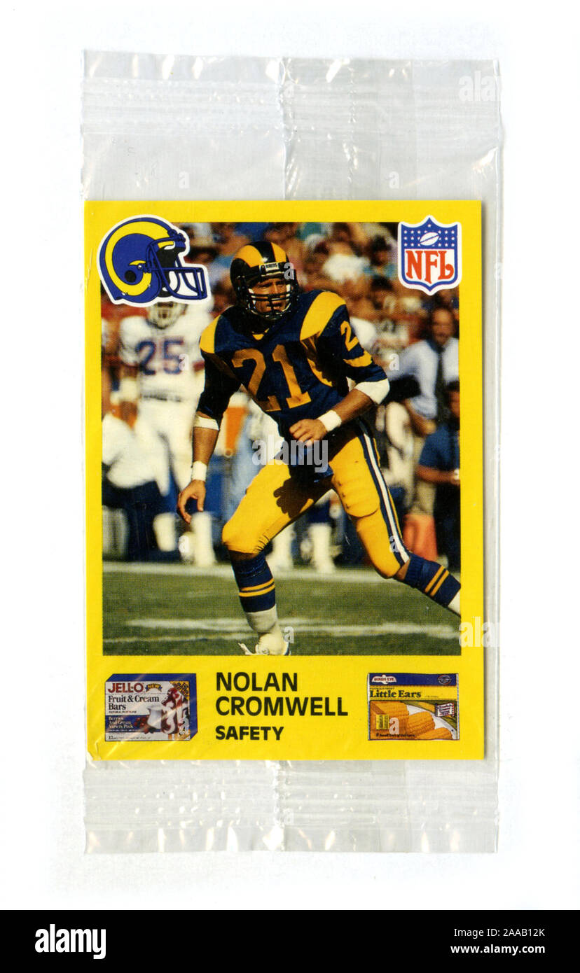 Collectible football card of NFL player Nolan Cromwell with the Los Angeles Rams circa 1980s was inserted as a premium with packages of Jello and Birds Eye brand food products. Stock Photo