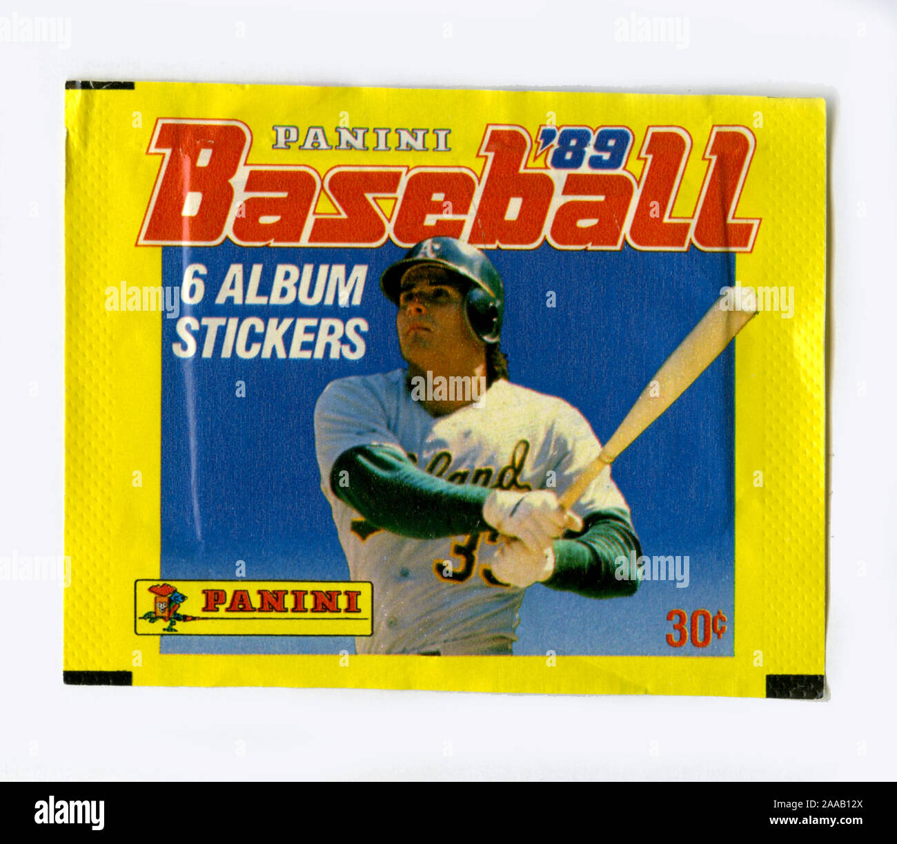 A package of collectible Panini brand baseball stickers from 1989 featuring Oakland A's slugger Jose Conseco on the wrapper cover. Canseco was later known to have been using steroids to improve his performance along with other athletes of the period. Stock Photo