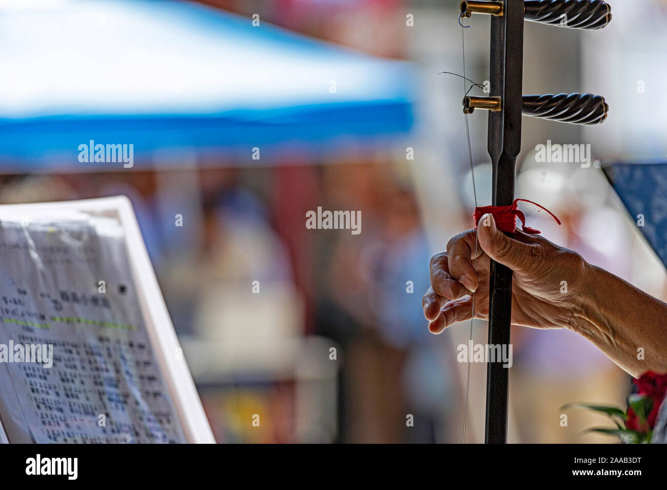 Man playing a Chinese erhu stringed instrument  at an outdoor concert in Calgary Alberta Canada Stock Photo