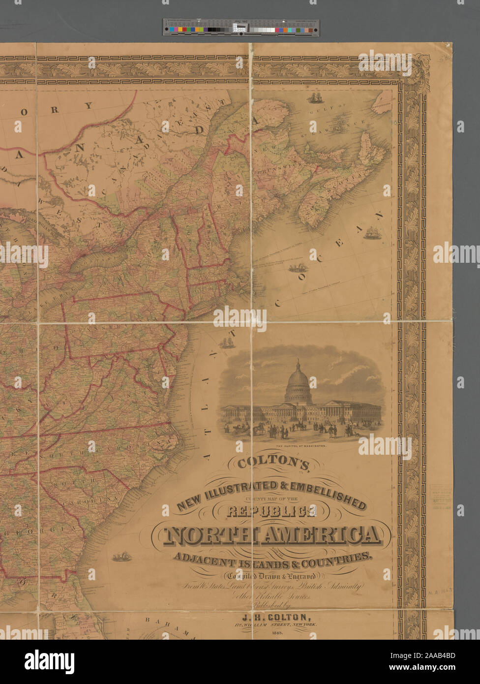 Relief shown by hachures and spot heights. Shows steamship routes and railroad lines. Prime meridians: Greenwich, Washington. Inset: Map of the World on Mercator's projection. Includes list of Authorities, table of distances, Statistical table from the census of 1850, statistical table for Central America, illustrations, and notes. Scale approximately 1:3,200,000 (W 128°--W 58°/N 50°--N 6°) Mapping the Nation (NEH grant, 2015-2018); Colton's new illustrated & embellished county map of the republics of North America Stock Photo